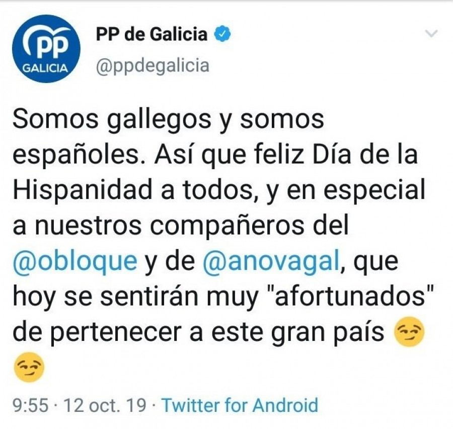El PP de Galicia felicita por Twitter al BNG y Anova el Día de la Hispanidad y después borra el mensaje