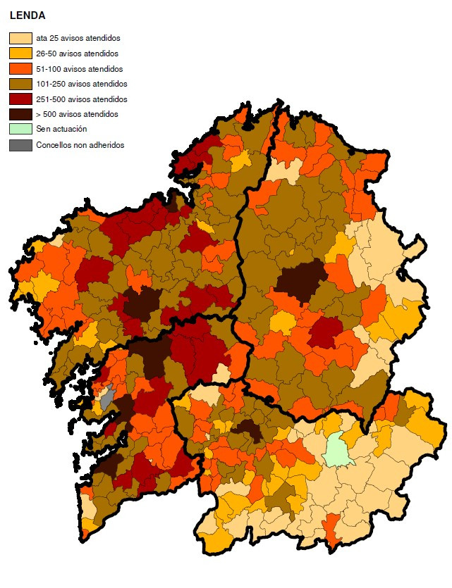 Mapa avisos atendidos velutina Xunta