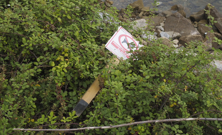 Aparece destrozado el cartel que indica la prohibición de perros en el arenal de Caranza