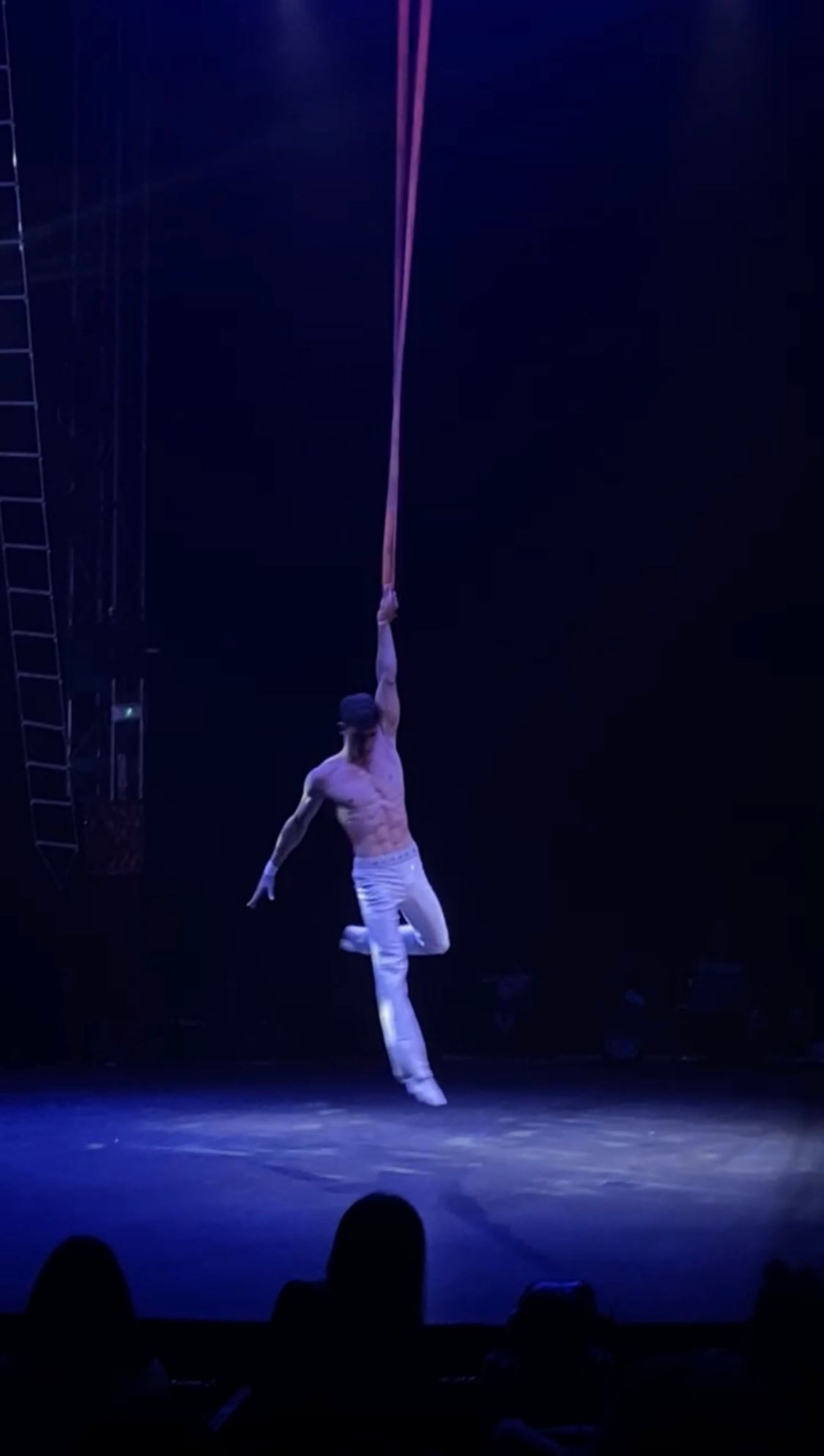 Un artista realiza malabares suspendido en el aire, en uno de los impactantes nuu0301meros aeu0301reos del espectau0301culo.