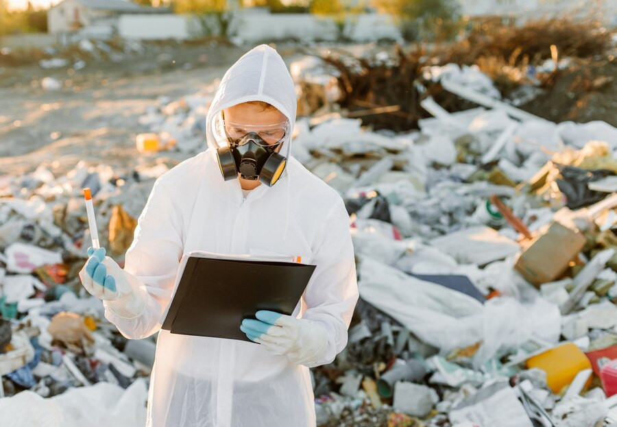 Hombre overoles pildora basura investigando concepto ecologia contaminacion ambiental 1157 48525