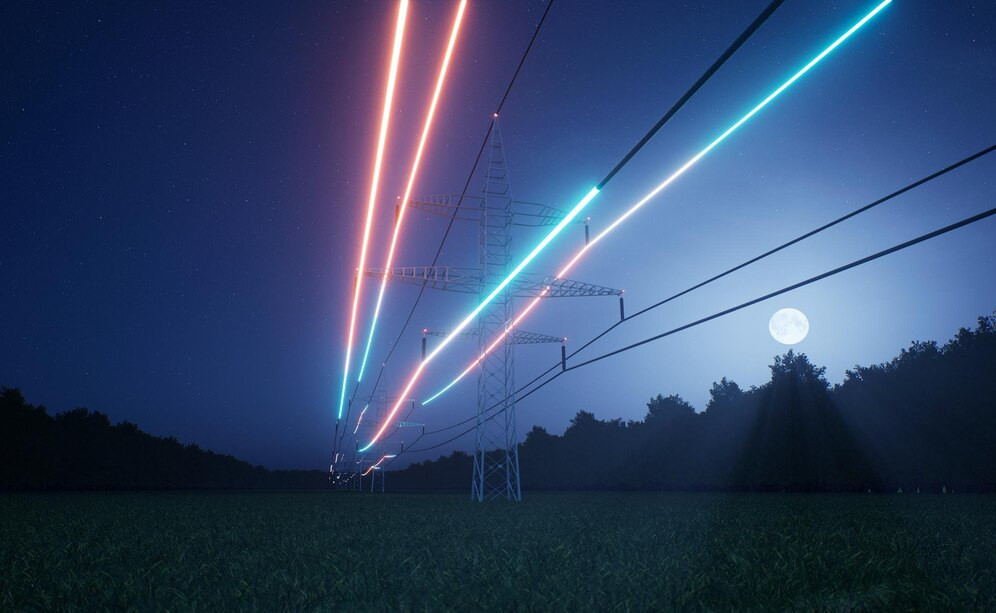 Visualizacion energia que fluye traves lineas torres electricas sobre cielo nocturno infraestructura que garantiza transmision electricidad traves cables distribucion voltaje animacion representacion 3d 482257 66243