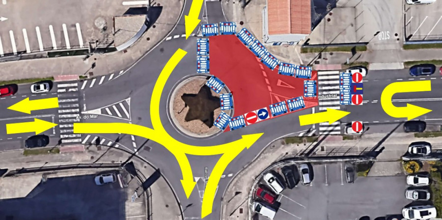 Corte de tráfico en la rotonda de la avenida do Mar, en Narón, para reparar una tubería del abastecimiento