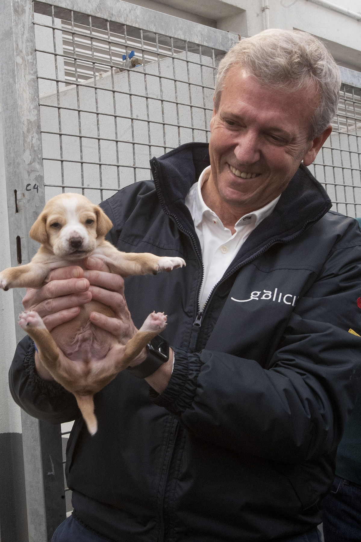 POIO (PONTEVEDRA), 18/04/2024.- El presidente de la Xunta, Alfonso Rueda, durante su visita a las instalaciones del Centro de acollida e protección de animais (CAAN) de la Diputación de Pontevedra, 